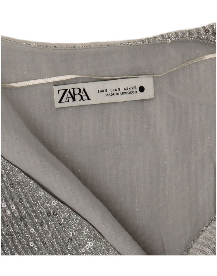 Zara Womens Crop Top Long Sleeve UK 10 Small Silver