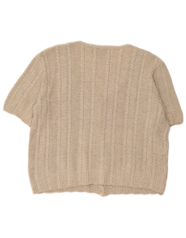 Vintage Womens Loose Fit Short Sleeve Cardigan Sweater UK 14 Large Beige