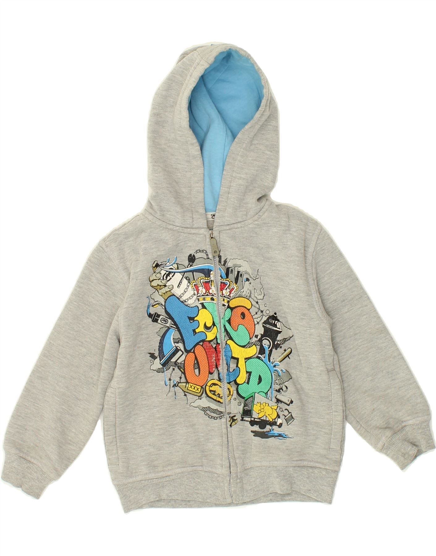 ECKO UNLTD Boys Graphic Zip Hoodie Sweater 4-5 Years Grey Cotton