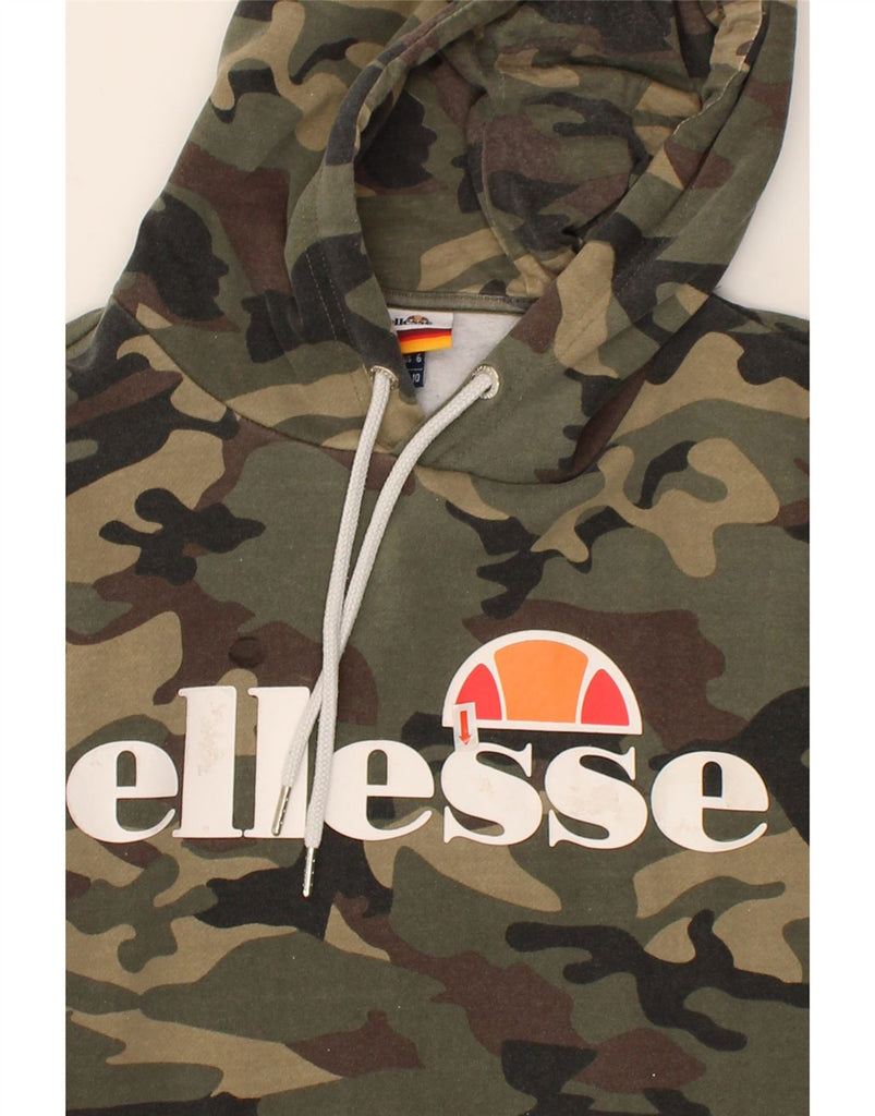 ELLESSE Womens Graphic Hoodie Jumper UK 10 Small Green Camouflage Vintage Ellesse and Second-Hand Ellesse from Messina Hembry 