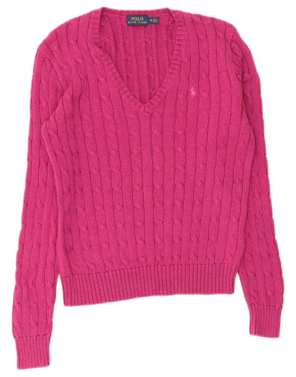 Polo Ralph Lauren Womens V-Neck Jumper Sweater UK 12 Medium Pink Cotton
