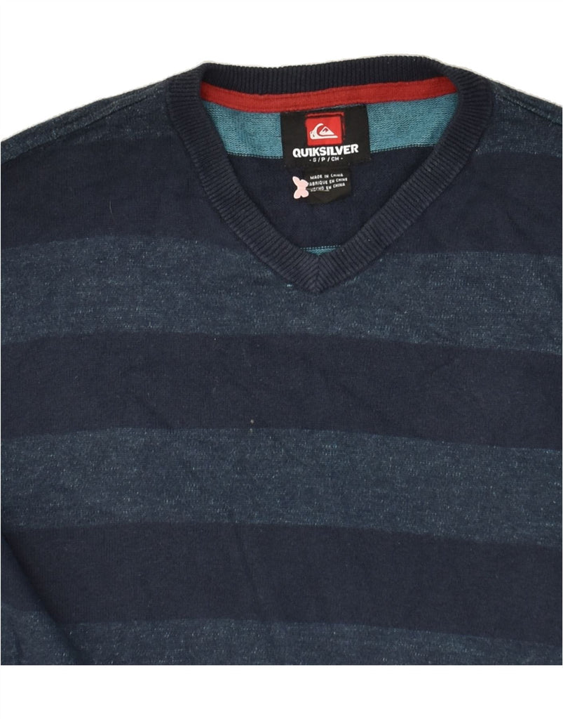 QUIKSILVER Mens V-Neck Jumper Sweater Small Navy Blue Striped Cotton | Vintage Quiksilver | Thrift | Second-Hand Quiksilver | Used Clothing | Messina Hembry 