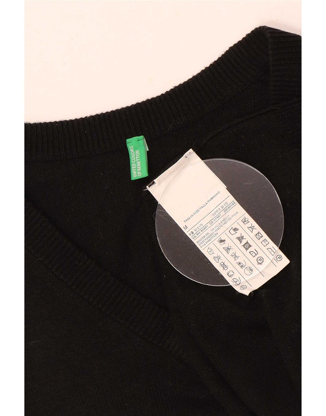 Benetton Mens V-Neck Jumper Sweater Medium Black Acrylic