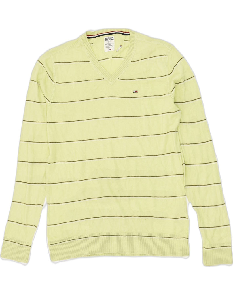 TOMMY HILFIGER Mens V-Neck Jumper Sweater Small Yellow Striped Cotton | Vintage Tommy Hilfiger | Thrift | Second-Hand Tommy Hilfiger | Used Clothing | Messina Hembry 