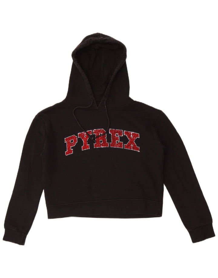 Pyrex Womens Crop Graphic Hoodie Jumper UK 14 Medium Black Cotton
