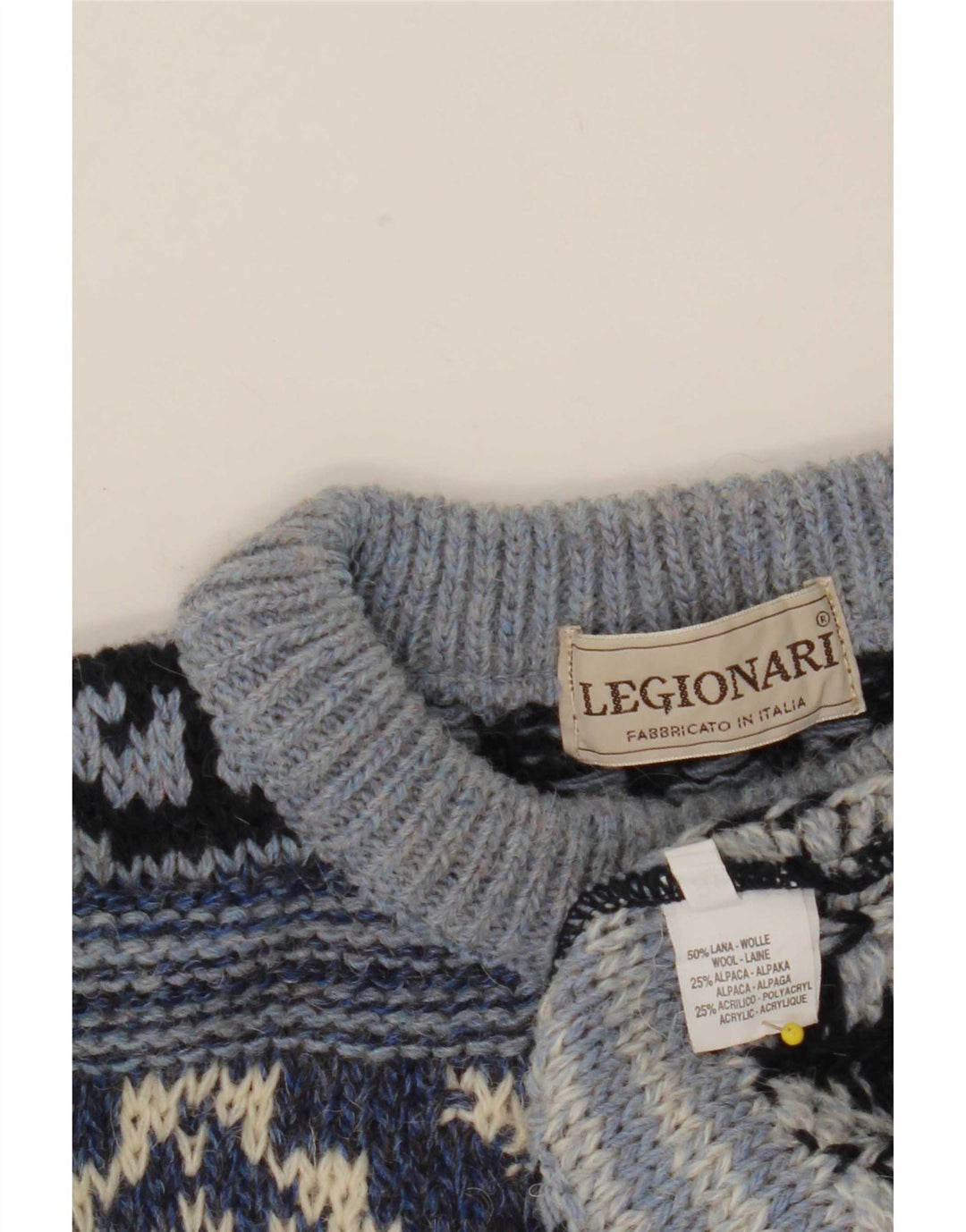 Vintage Mens Crew Neck Jumper Sweater IT 48 Medium Blue Fair Isle Wool