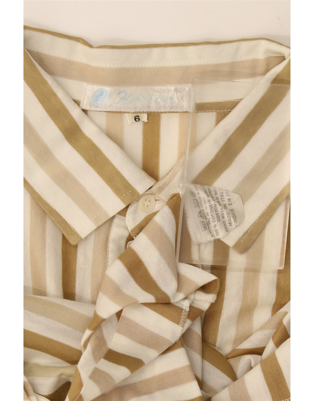 VINTAGE Mens Polo Shirt Large Beige Striped Cotton Vintage Vintage and Second-Hand Vintage from Messina Hembry 