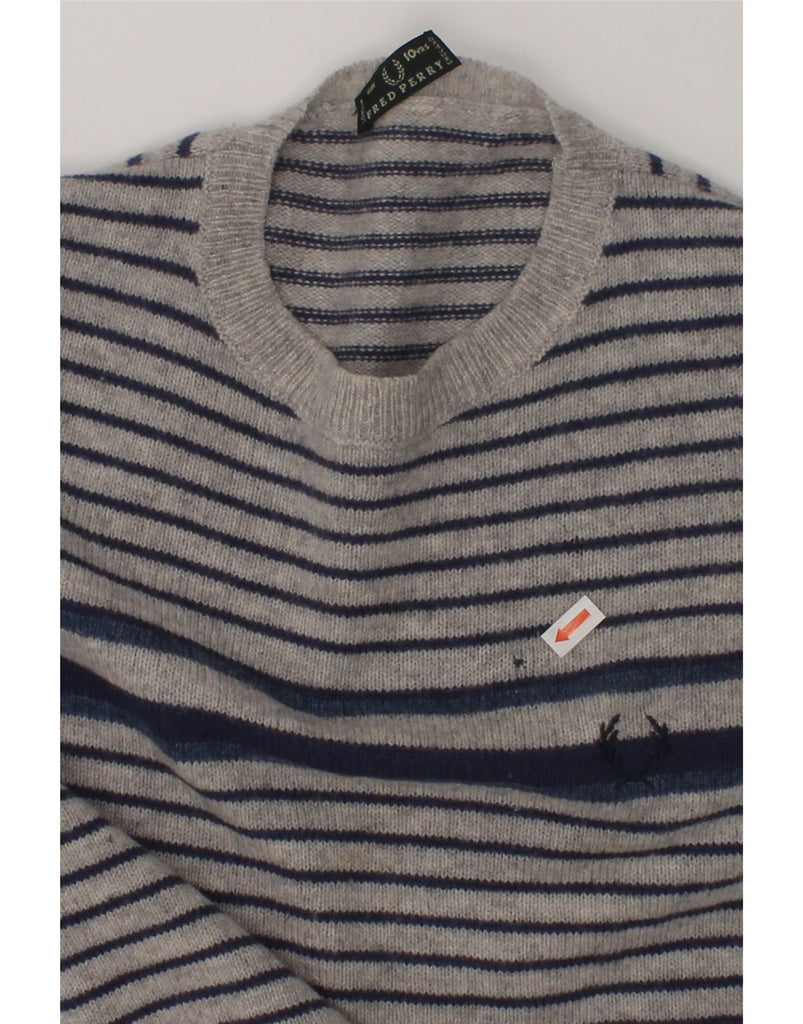 FRED PERRY Boys Crew Neck Jumper Sweater 9-10 Years Grey Striped Wool | Vintage Fred Perry | Thrift | Second-Hand Fred Perry | Used Clothing | Messina Hembry 