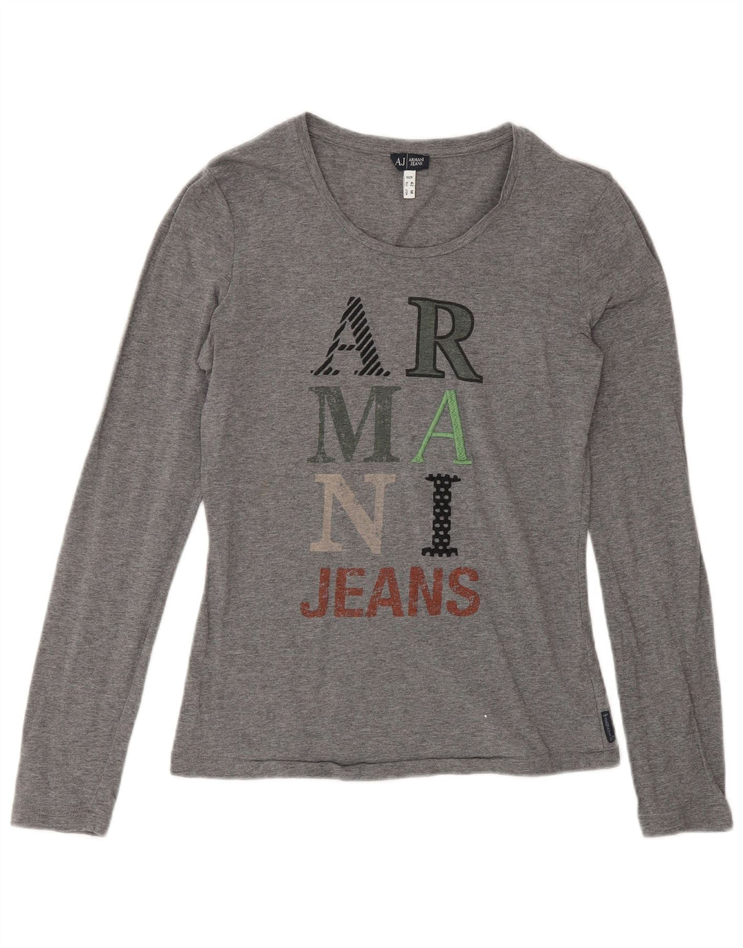 Armani Jeans Womens Graphic Top Long Sleeve UK 12 Medium Grey Cotton
