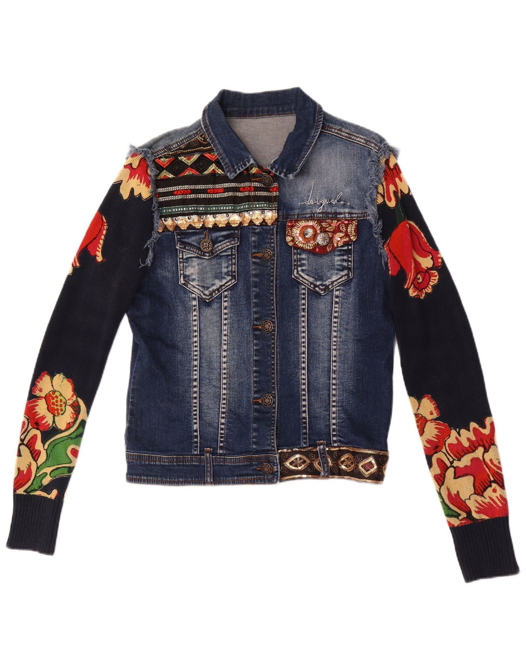 Desigual Womens Graphic Denim Jacket EU 38 Medium Navy Blue Floral Cotton