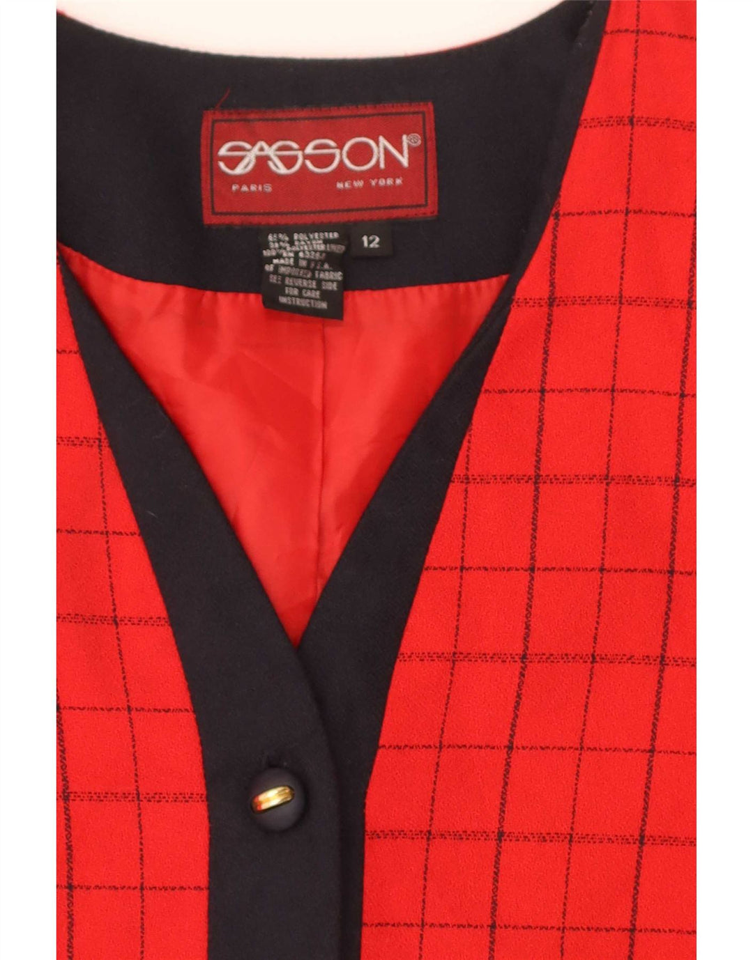 Vintage Womens 4 Button Blazer Jacket US 12 Large Red Check Polyester