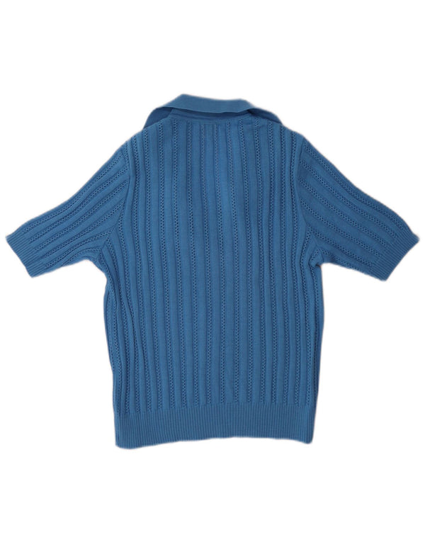 Vintage Womens Short Sleeve Polo Neck Jumper Sweater IT 40 Small Blue Wool