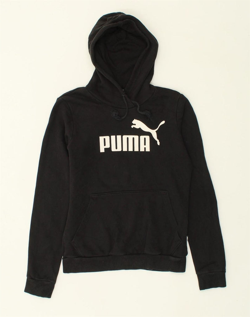 PUMA Womens Graphic Hoodie Jumper UK 10 Small Black Cotton | Vintage Puma | Thrift | Second-Hand Puma | Used Clothing | Messina Hembry 