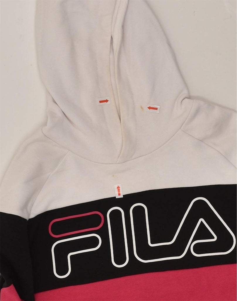 FILA Womens Crop Graphic Hoodie Jumper UK 6 XS White Colourblock Cotton | Vintage Fila | Thrift | Second-Hand Fila | Used Clothing | Messina Hembry 