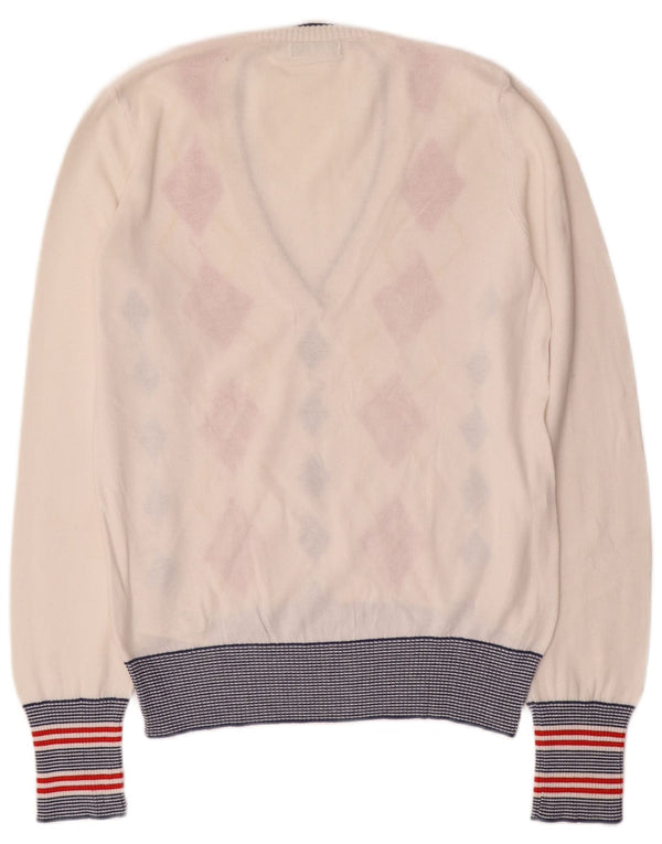 Benetton Womens V-Neck Jumper Sweater UK 14 Large White Argyle/Diamond