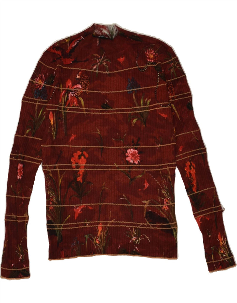 DESIGUAL Womens Turtle Neck Jumper Sweater UK 6 XS Red Floral Viscose | Vintage Desigual | Thrift | Second-Hand Desigual | Used Clothing | Messina Hembry 
