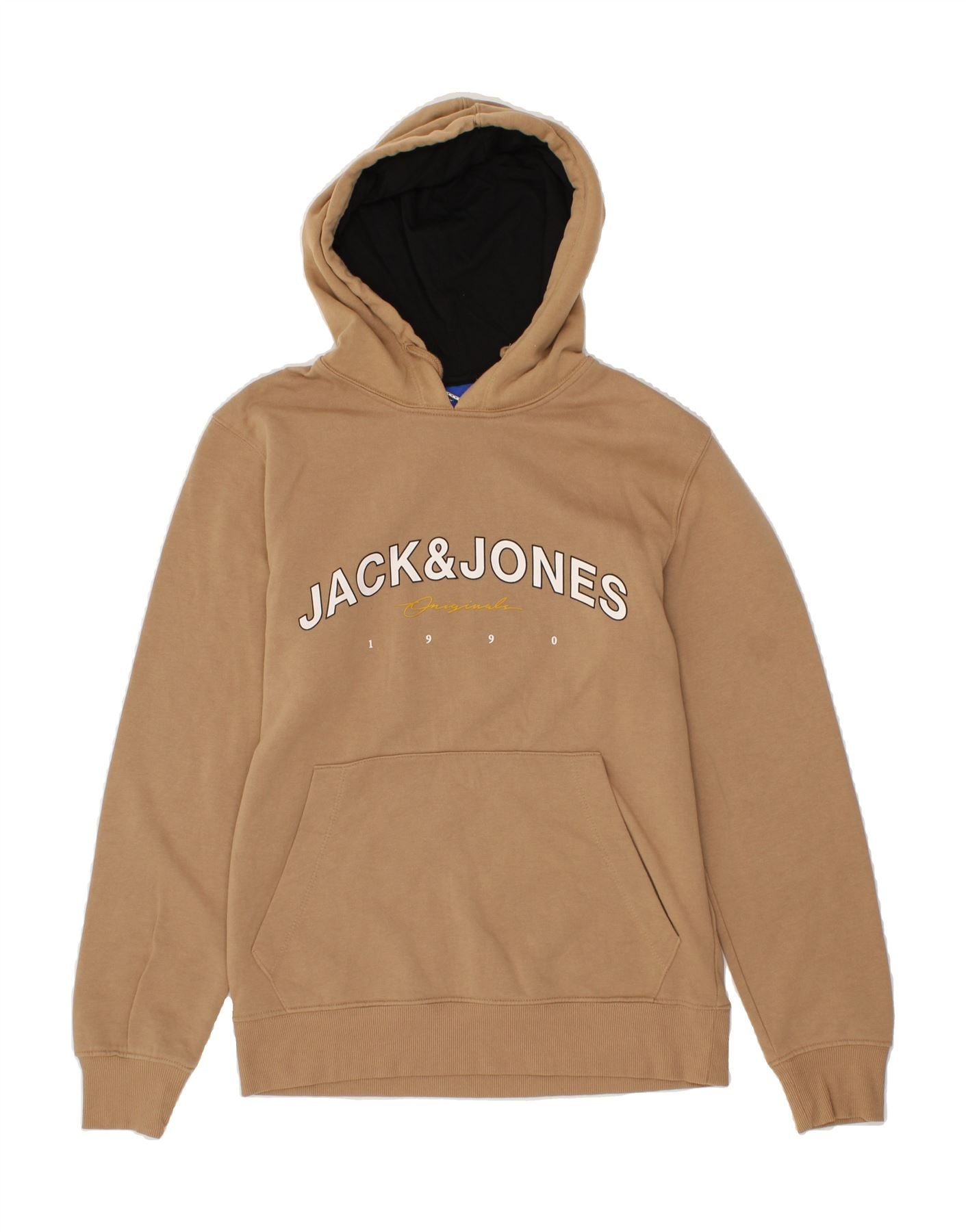 JACK JONES Mens Graphic Hoodie Jumper Medium Beige Cotton