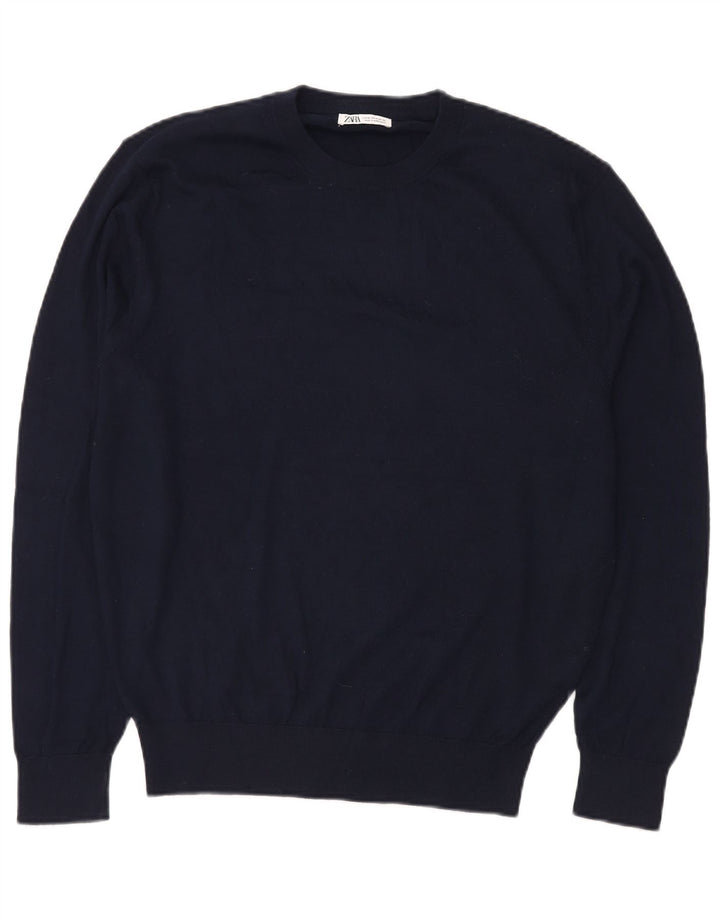 ZARA Mens Crew Neck Jumper Sweater XL Navy Blue Acrylic