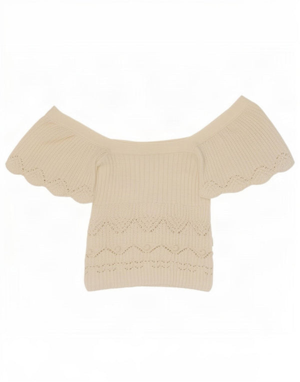 Zara Womens Crop Knit Off Shoulder Blouse Top UK 14 Large White Cotton