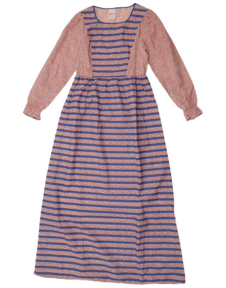 Vintage Womens Long Sleeve Maxi Dress UK 14 Medium Blue Striped Polyester