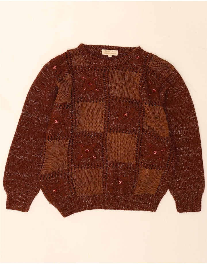 Vintage Womens Crew Neck Jumper Sweater UK 14 Medium Brown Patchwork