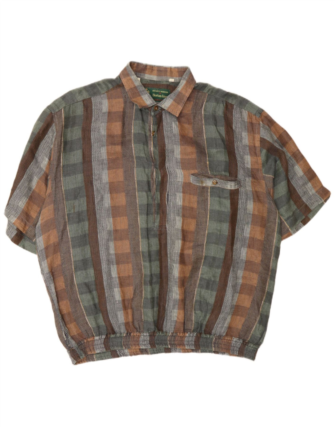 Vintage Mens Short Sleeve Pullover Shirt XL Multicoloured Check Linen