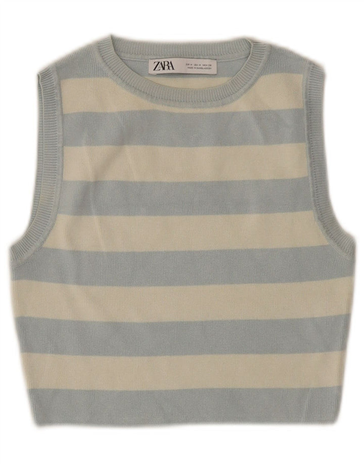 ZARA Womens Crop Vest Tank Top UK 12 Medium Blue Striped Viscose