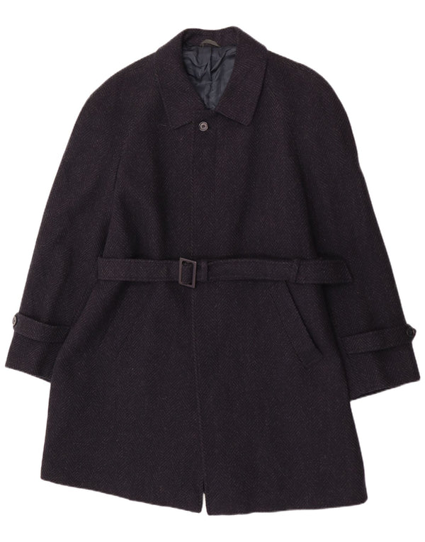 Vintage Mens Overcoat IT 52 XL Navy Blue Herringbone Virgin Wool