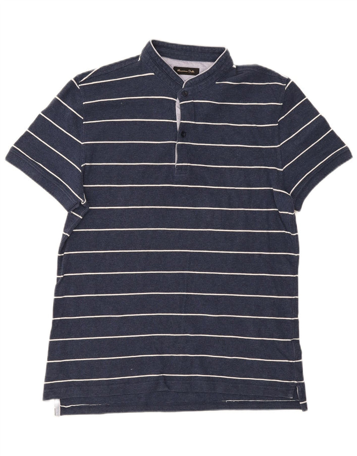 Massimo Dutti Mens Polo Shirt Large Navy Blue Striped Cotton
