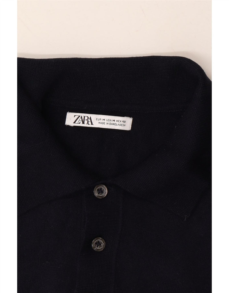 ZARA Mens Short Sleeve Polo Neck Jumper Sweater Medium Navy Blue Viscose Vintage Zara and Second-Hand Zara from Messina Hembry 