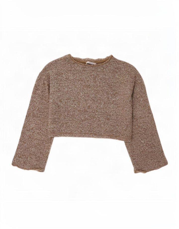 Zara Womens Crop Oversized Top Long Sleeve UK 10 Small Brown Polyester