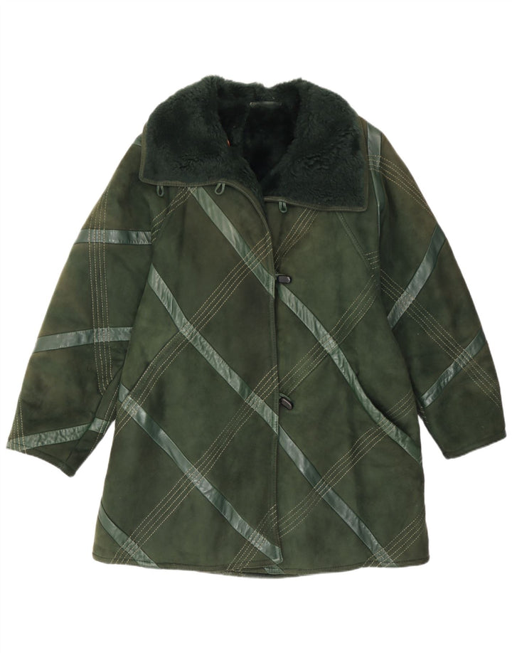 Vintage Womens Shearling Coat UK 14 Medium Green Check