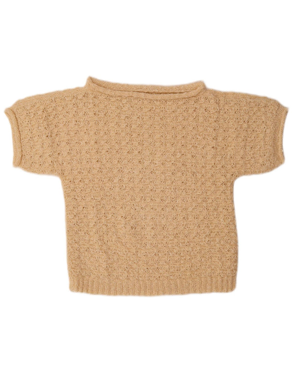 Vintage Womens Short Sleeve Boat Neck Jumper Sweater UK 14 Medium Beige