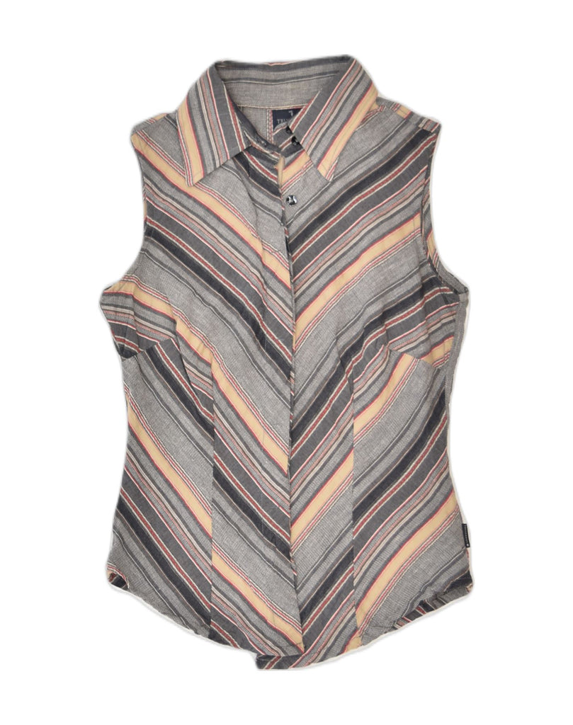 TRUSSARDI Womens Sleeveless Shirt UK 10 Small Grey Striped Cotton | Vintage | Thrift | Second-Hand | Used Clothing | Messina Hembry 