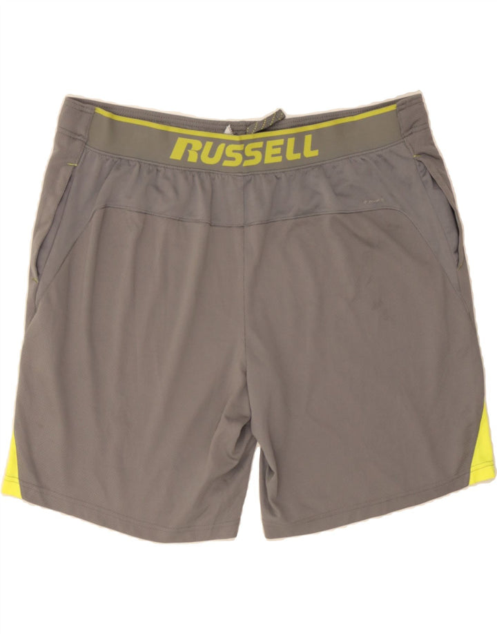 RUSSELL ATHLETIC Mens Graphic Sport Shorts XL Grey Colourblock Polyester Vintage Russell Athletic and Second-Hand Russell Athletic from Messina Hembry 