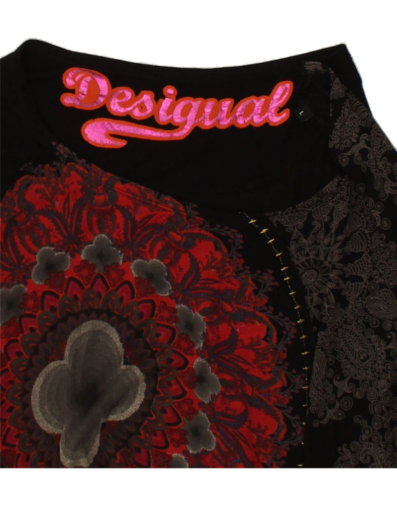 DESIGUAL Womens Graphic Top 3/4 Sleeve UK 16 Large Black Floral Viscose | Vintage Desigual | Thrift | Second-Hand Desigual | Used Clothing | Messina Hembry 