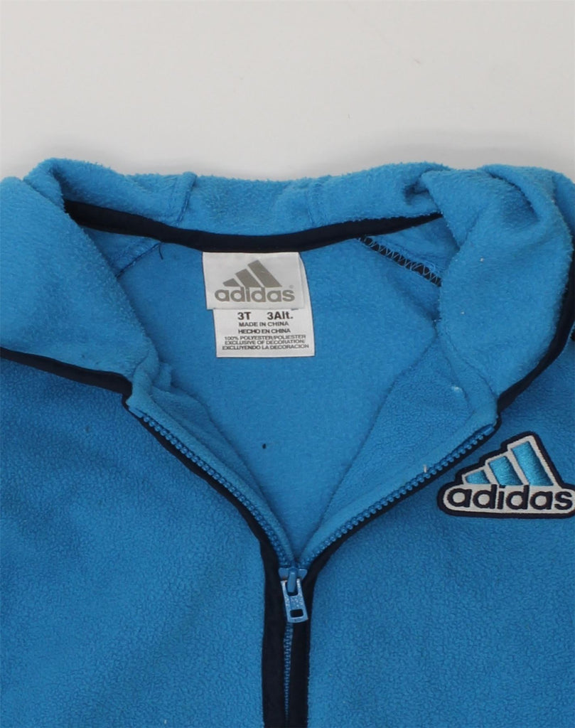 ADIDAS Boys Hooded Fleece Jacket 2-3 Years Blue Colourblock Polyester | Vintage Adidas | Thrift | Second-Hand Adidas | Used Clothing | Messina Hembry 