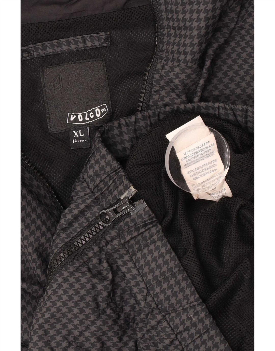 Volcom Girls Hooded Rain Jacket 13-14 Years XL Grey Houndstooth Polyester