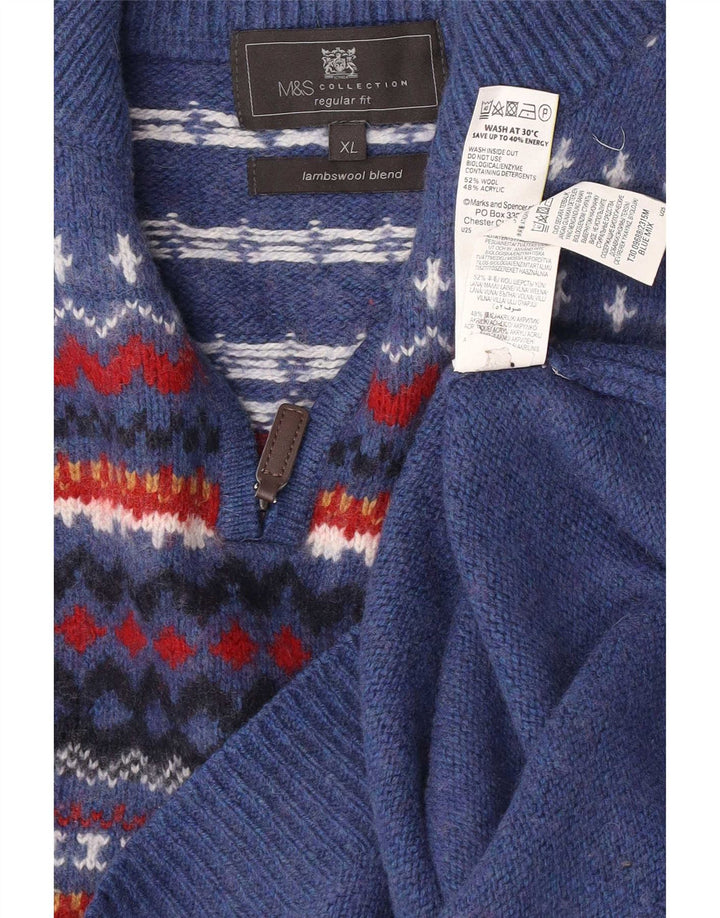 Marks & Spencer Mens Regular Fit Zip Neck Jumper Sweater XL Blue Fair Isle