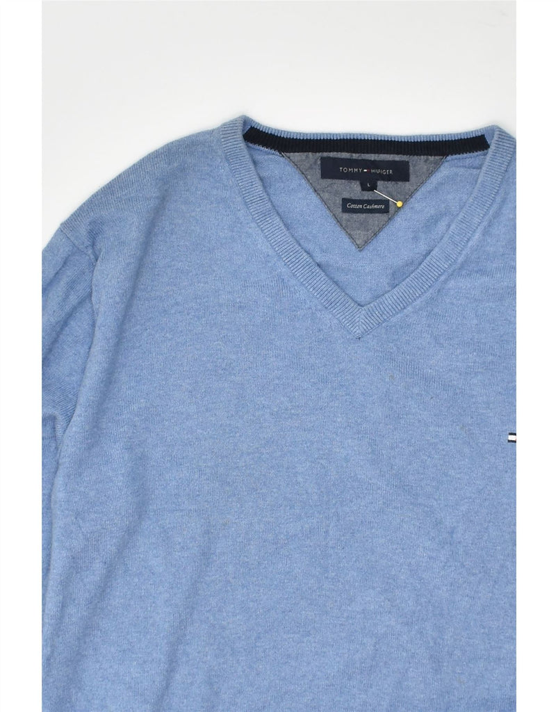 TOMMY HILFIGER Mens V-Neck Jumper Sweater Large Blue Cotton | Vintage Tommy Hilfiger | Thrift | Second-Hand Tommy Hilfiger | Used Clothing | Messina Hembry 