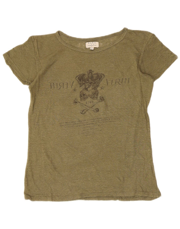 Zara Womens Trafaluc Graphic T-Shirt Top UK 10 Small Khaki