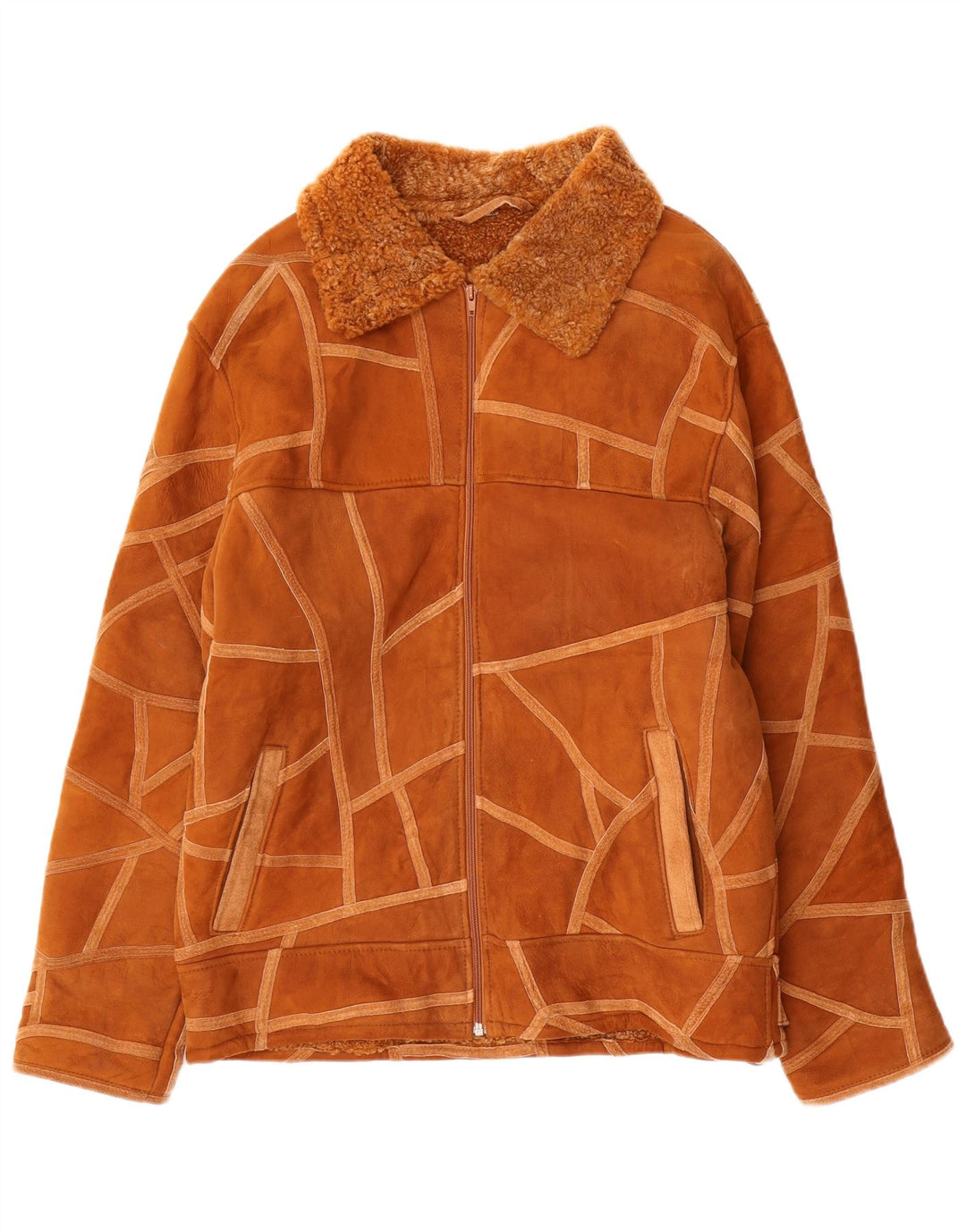 Vintage Womens Shearling Jacket UK 14 Medium Brown Geometric