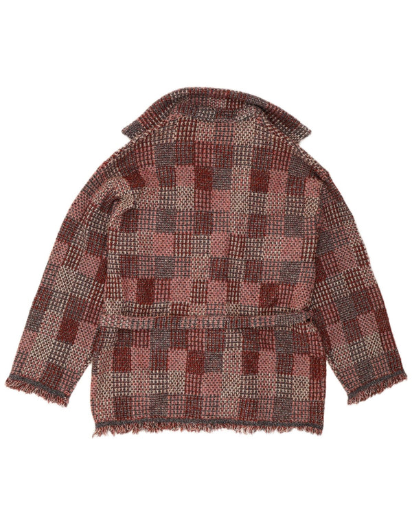 Zara Womens Oversized Cardigan Sweater UK 16 Large Burgundy Check Acrylic