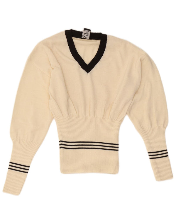 Vintage Womens V-Neck Jumper Sweater UK 8 Small Off White Striped Wool