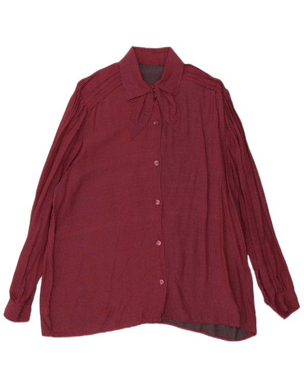 Vintage Womens Front Tie Shirt UK 16 Large Burgundy Pinstripe