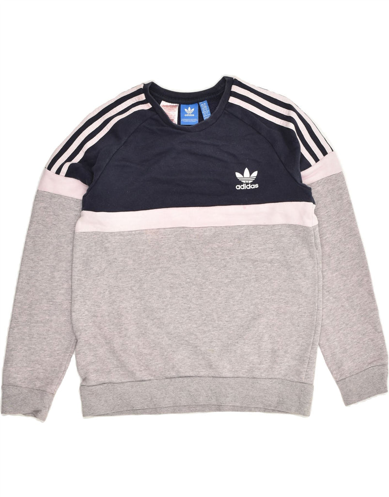 ADIDAS Girls Sweatshirt Jumper 13-14 Years Large  Grey Colourblock Cotton | Vintage Adidas | Thrift | Second-Hand Adidas | Used Clothing | Messina Hembry 