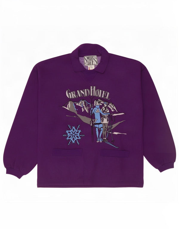 Vintage Mens Graphic Polo Neck Sweatshirt Jumper Large Purple Cotton