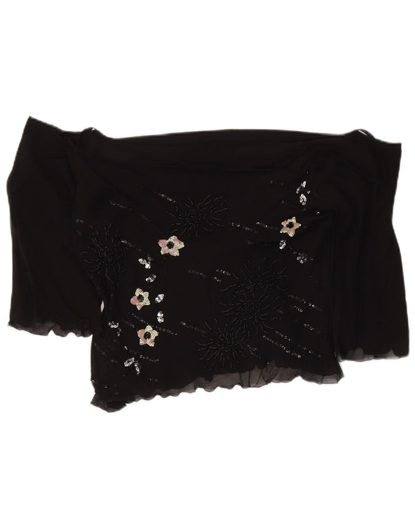 Vintage Womens Crop 3/4 Sleeve Off Shoulder Top UK 18 XL Black Floral Silk