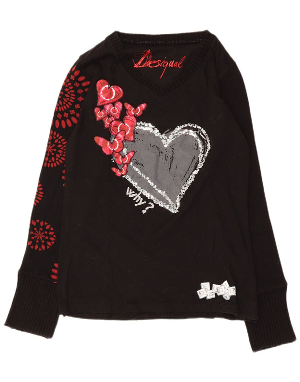 Desigual Womens Graphic Long Sleeve Blouse Top UK 16 Large Black Heart