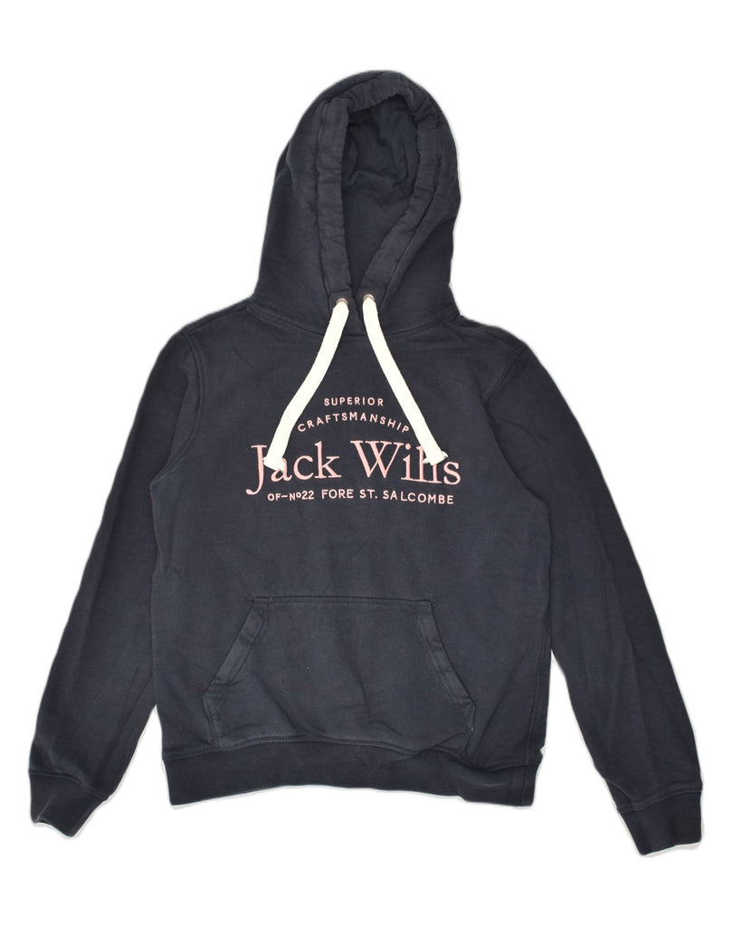 JACK WILLS Womens Graphic Hoodie Jumper UK 10 Small Navy Blue Cotton | Vintage Jack Wills | Thrift | Second-Hand Jack Wills | Used Clothing | Messina Hembry 